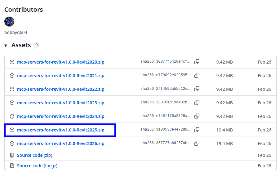 Архив MCP для Revit 2026 в списке файлов релиза GitHub